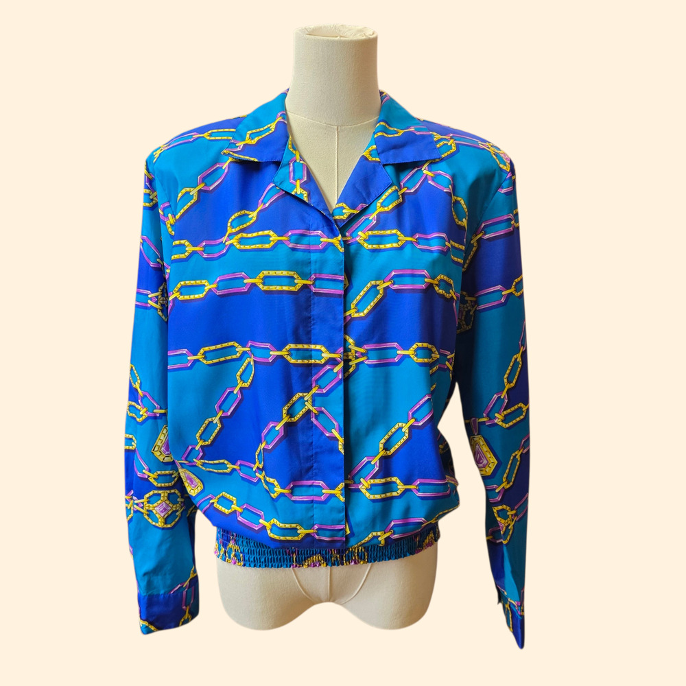 1990s Chain and Jewel Print Pullover Top ~ Medium ~ Blue Teal Crazy Print